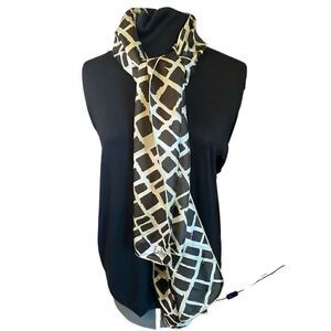 Echo long scarf white with brown abstract squares vintage